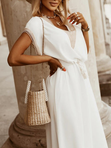 Woochic robe longue mousseline coulisse taille v-cou manches chauve souris manches courtes élégant bapteme